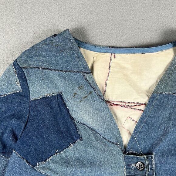Vintage 70s Patchwork Jacket Small Medium Blue Denim Custom Handmade Lined - Picture 10 of 16